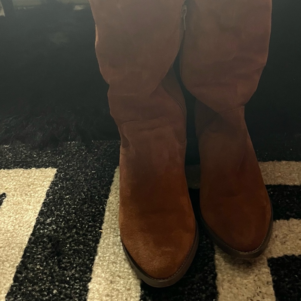 Knee high cognac suede boots
